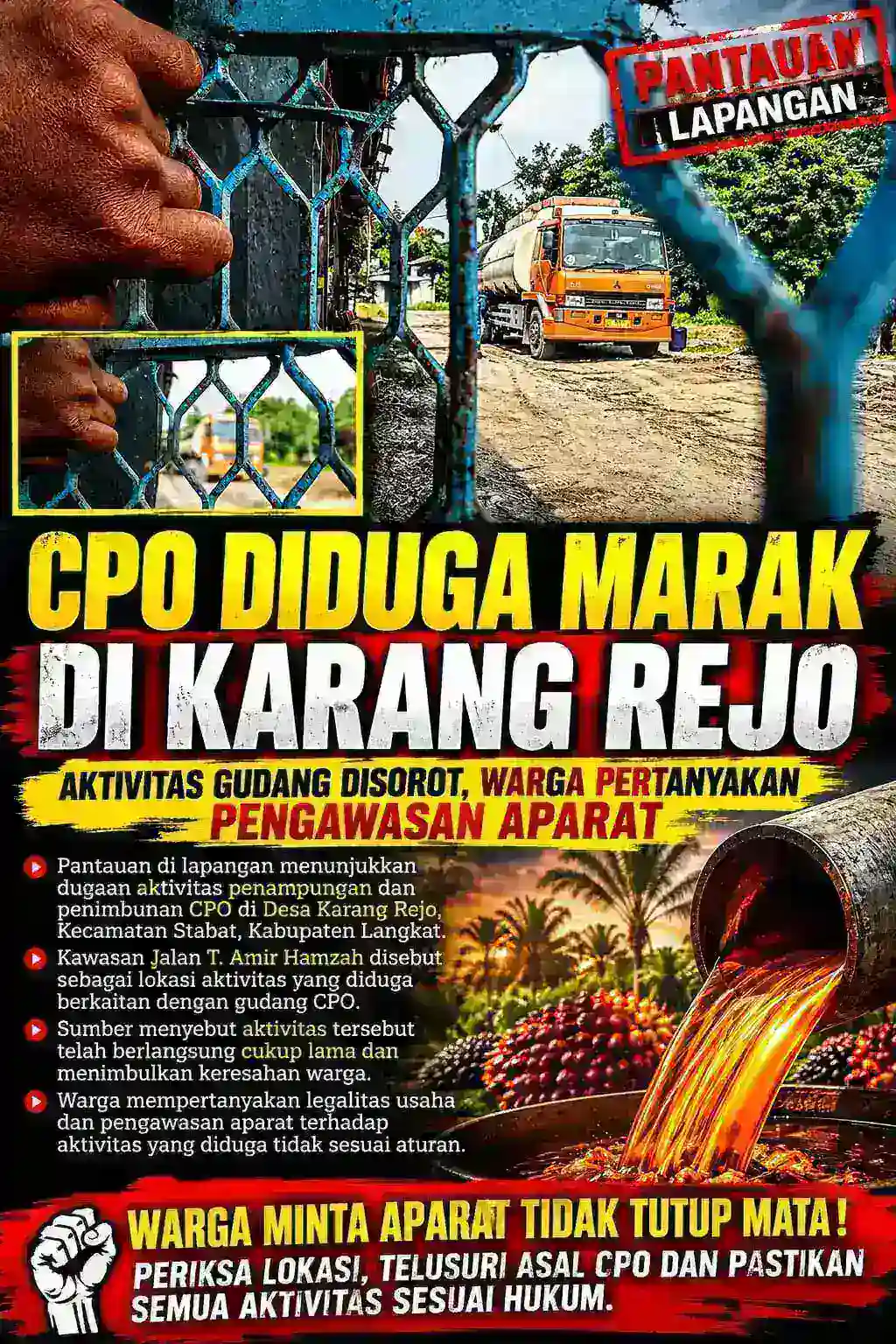 Lapor Pak Kapolda Sumut,Polres Langkat Tutup Mata Dengan Aktivitas Gudang CPO Diduga Ilegal di Desa Karang Rejo Stabat Langkat