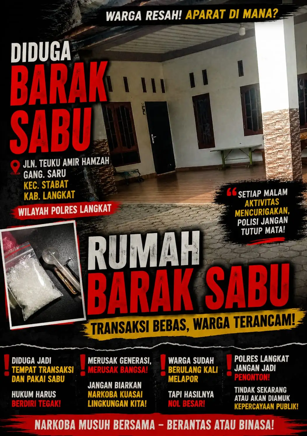 Warga Stabat Resah, Barak Sabu di Gang Saru Stabat Langkat Diminta Segera Digerebek Polres Langkat